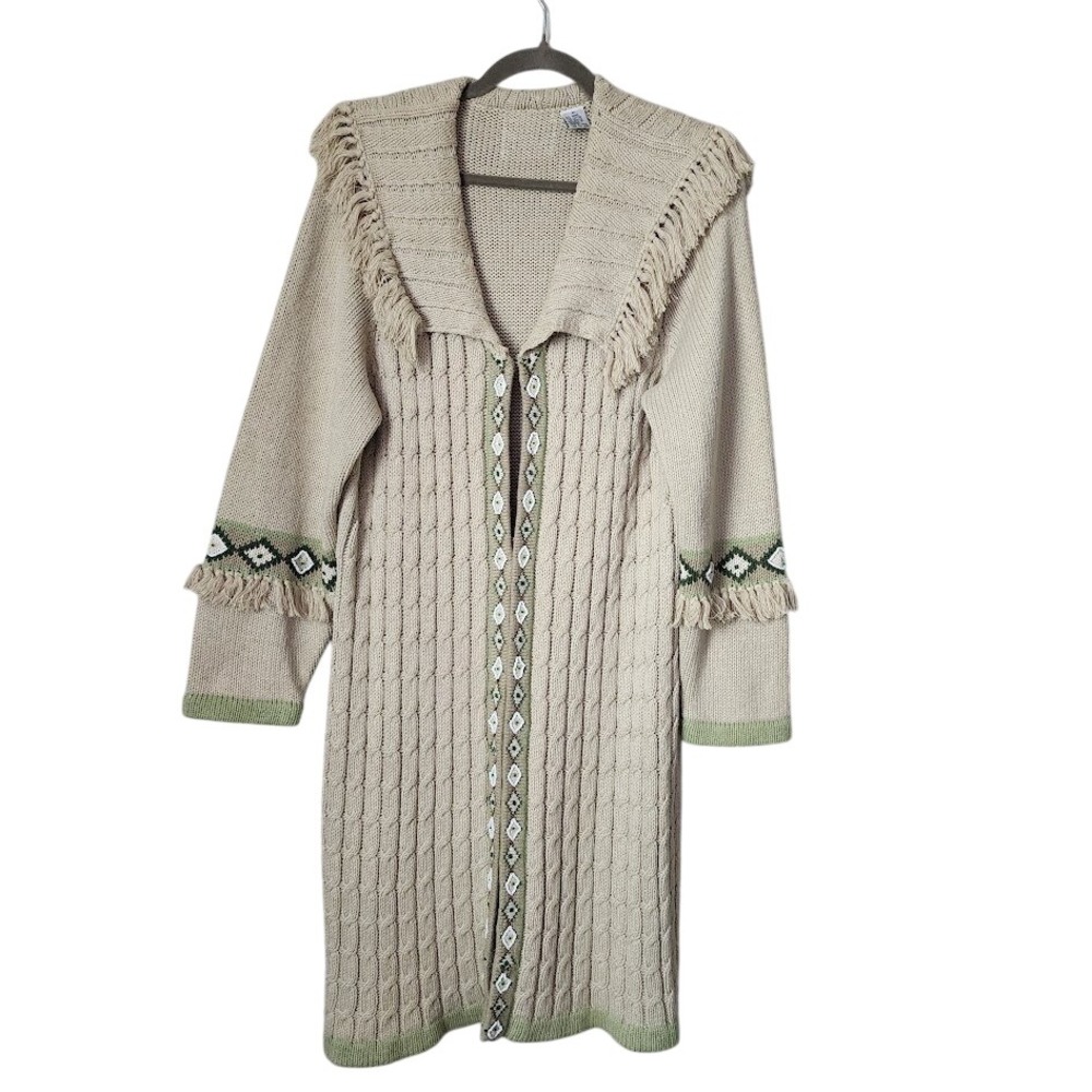 VINTAGE Western Boho Duster Cardigan Cable Knit Fringe Sweater cream green M
